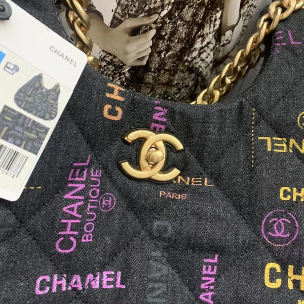 Chanel Hobo Maxi Bag Hand Shoulder Purse Print Denim Blue AS3127